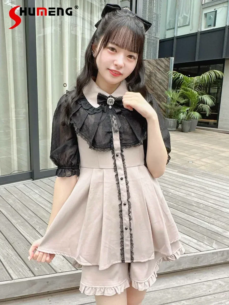 Japanese Rojita Women Sets Lace Ruffled  Dress and Shorts Suit 2023 New Lolita Sweet Short Sleeve Dresses Outfits Two Piece Set