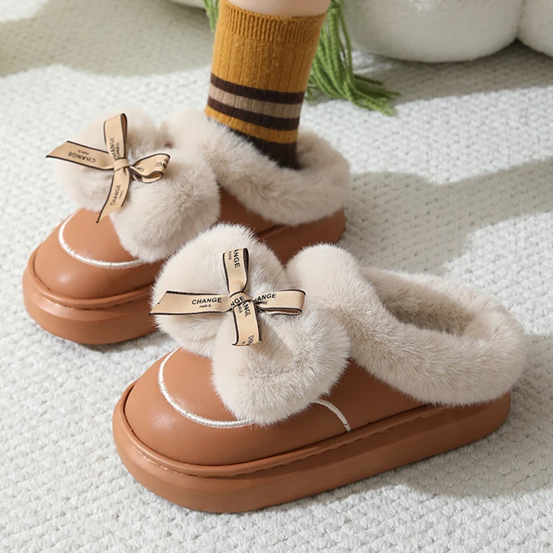 Lovely Bowknot Fluffy Slippers for Women 2025 Winter Plush Warm Cotton Shoes Woman Comfortable Non Slip Home Slippers Female