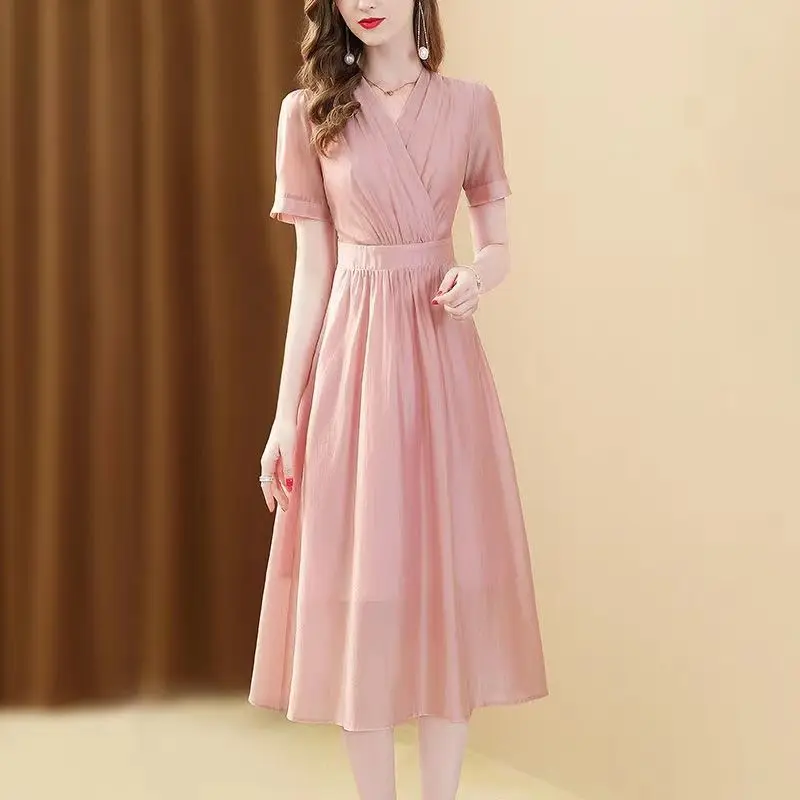 

Women's Solid Color Long Dress Summer V-neck Chiffon Dress High Quality Women's 2024 New Style Slim Fit Long Fashion Dress L340