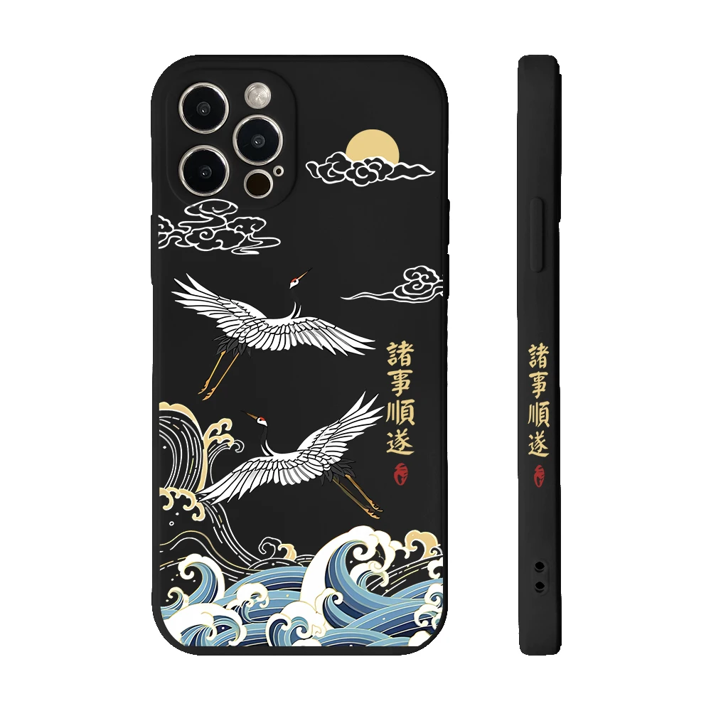 Elegant Chinese Crane Design Soft Phone Case - Straight Edge Cover