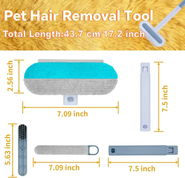 4-in-1 long handled pet hair removal brush with adjustable length, washable, reusable cat and dog hair remover 6