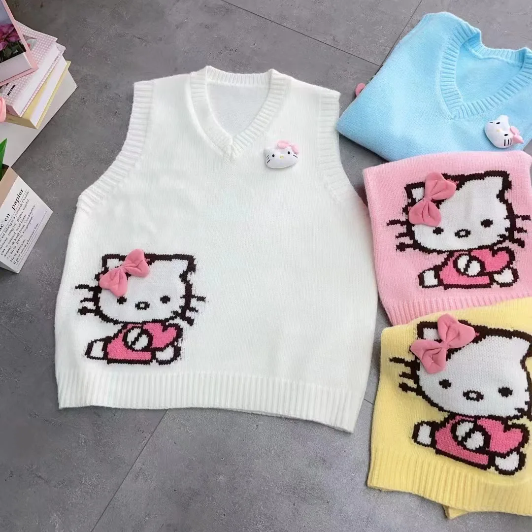 Hot Kawaii Sanrios Hellokitty Knitted Vest Girls Sweet Sweater Ins