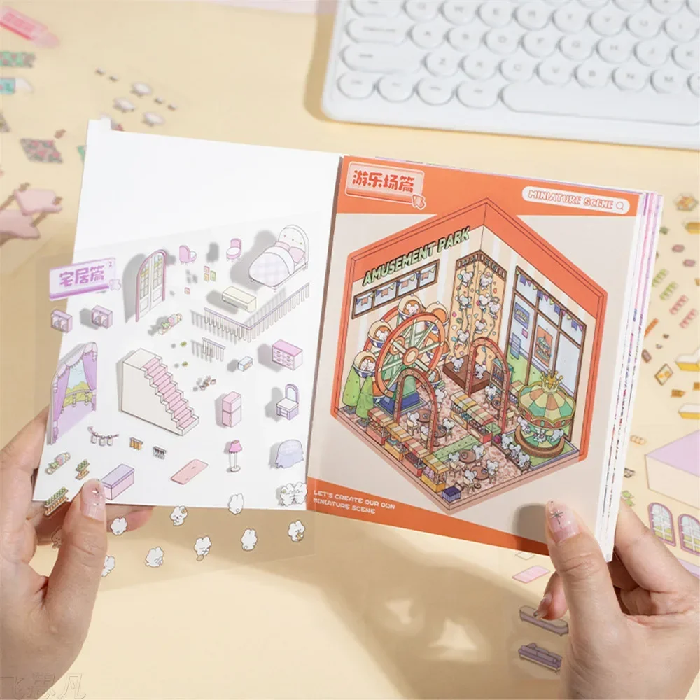 6Pcs 6in1 Cartoon Sticker Book-3D Pocket Cabin Scenes, DIY Landscape Stickers, Fun Birthday Gift for Kids & Students