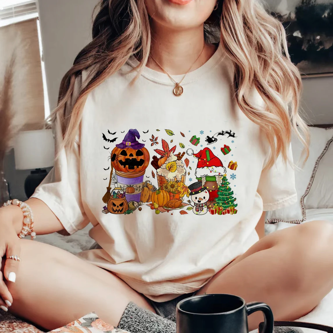 

Women's Halloween Autumn Fun Cute Print Women's Thanksgiving T-Shirt Fashion Pumpkin Print Pattern Round Neck Clothing T-Shirt.