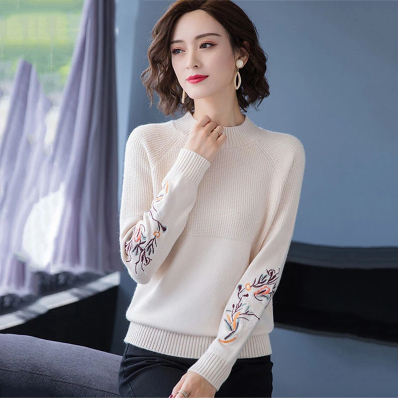 

Women'S Embroidery Knitted Pullover Fall Winter Round Neck Long Sleeve Sweater Vintage Warm Bottoming Korean Knitwear Tops 3xl