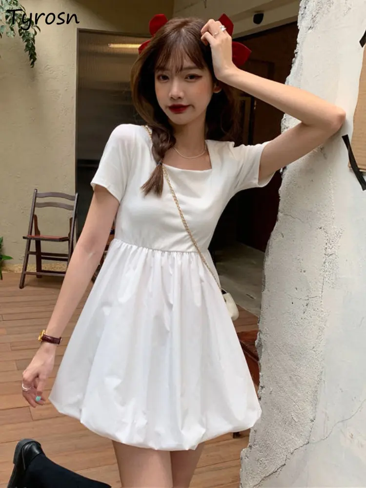 

Dresses Women Sweet Simple Solid Deign Square Collar Leisure Mini Tender Daily Summer Ball Gown Fashion Girlish Korean Style New