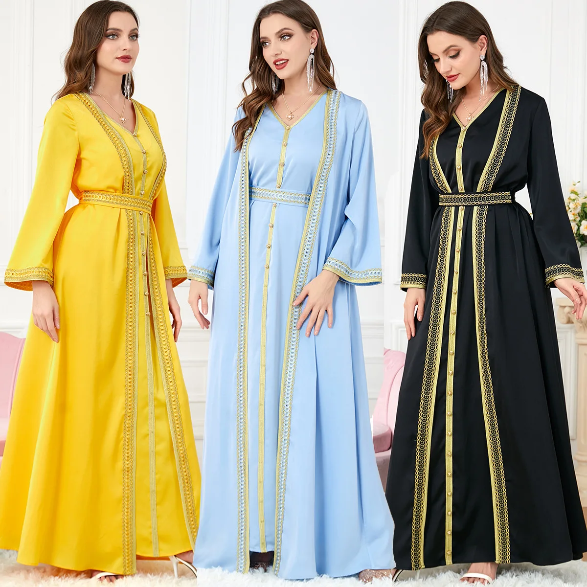 

Gulf Jalabiya Modest Muslim 2 Pieces Dress Set Abaya Arab Ramadan Eid Robe Cardigan Long Gowns Kimono Jubah Thobe Islamic Prayer