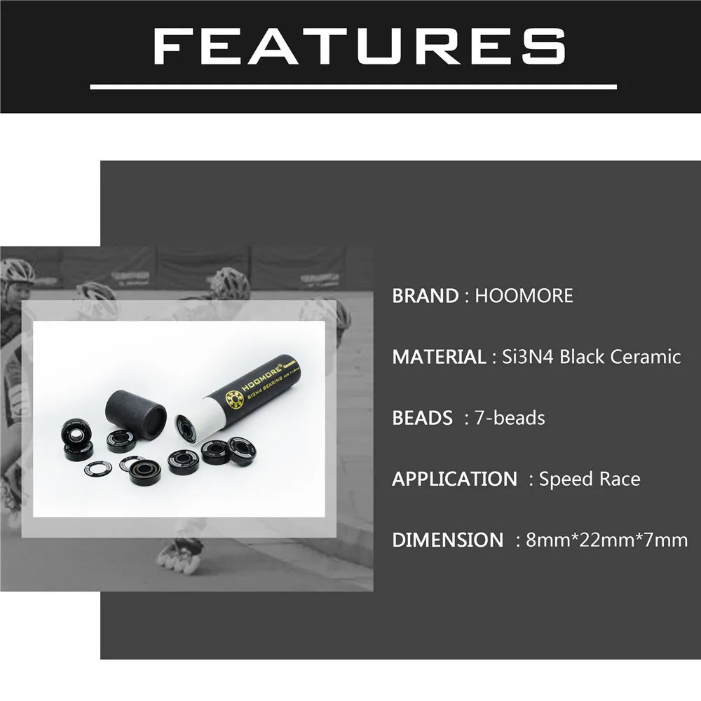 HOOMORE SI3N4 Black Ceramic 608RS High Speed Self-lubricated 7-balls Undeformed Stable 608 inline speed skating bearing Skateboard Bearings