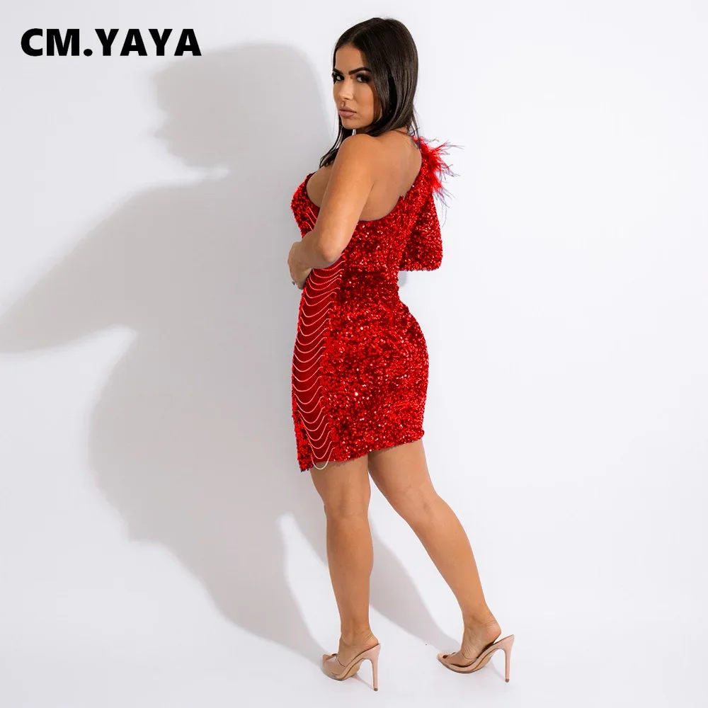 CM.YAYA Women Mini Dress Sequins Mesh See Through Strap Bodycon