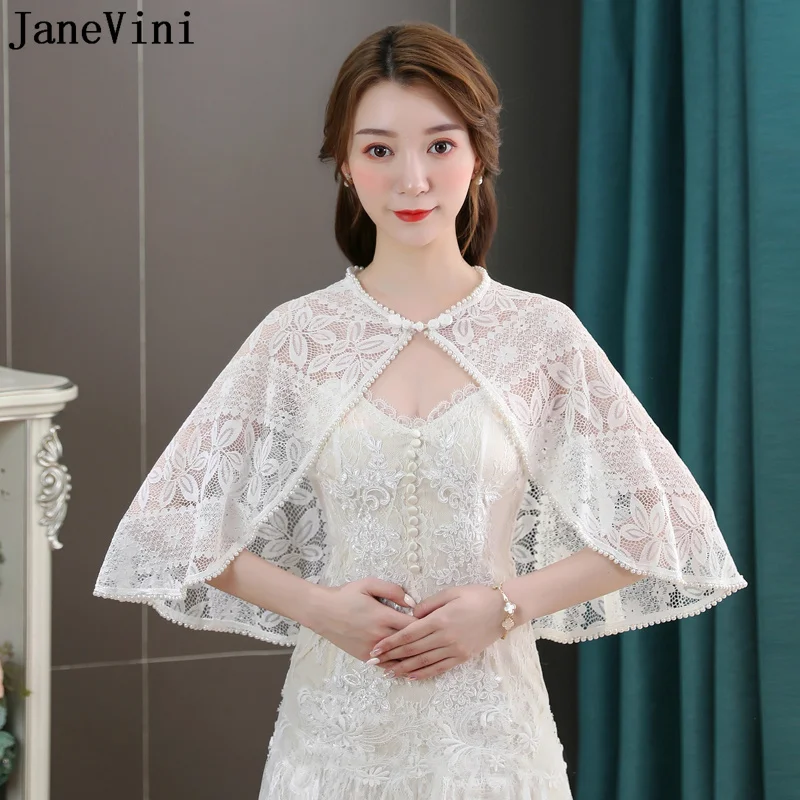 

JaneVini Kanten Bolero Women Jacket Pearls Lace Wedding Capes White Bridal Wraps Shawl Elegant Party Shrugs Bride Accessories