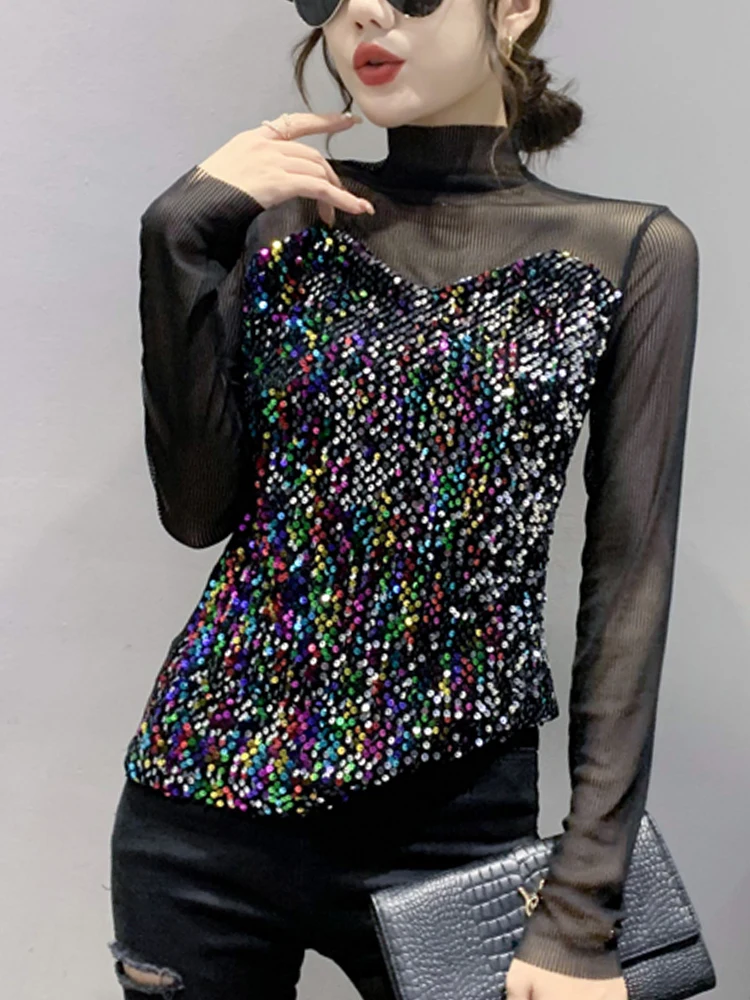 Nightclub Sle Me Splice Long Sve T-irt Women's Slim Fit iny Sequins Trendy Top Sexy Base irt Autumn Faion