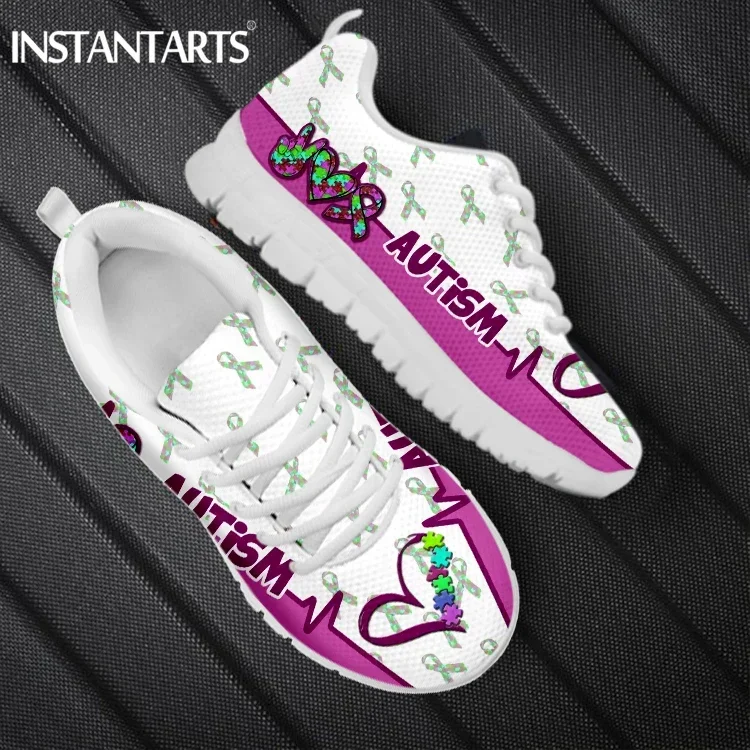 Autism Awareness Patterns Mesh Sneakers Fo Women Autumn Spring Lace Up Flat Shoes Female Casual Footwear Zapatillas