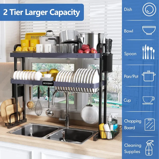  BOOSINY Over Sink Dish Drying Rack, Roll Up Dish Dryer Rack  for Kitchen Sink, Dish Drainer for Inside Sink with Utensil Holder  (Black，12.8 - 23.3 x 15.5)