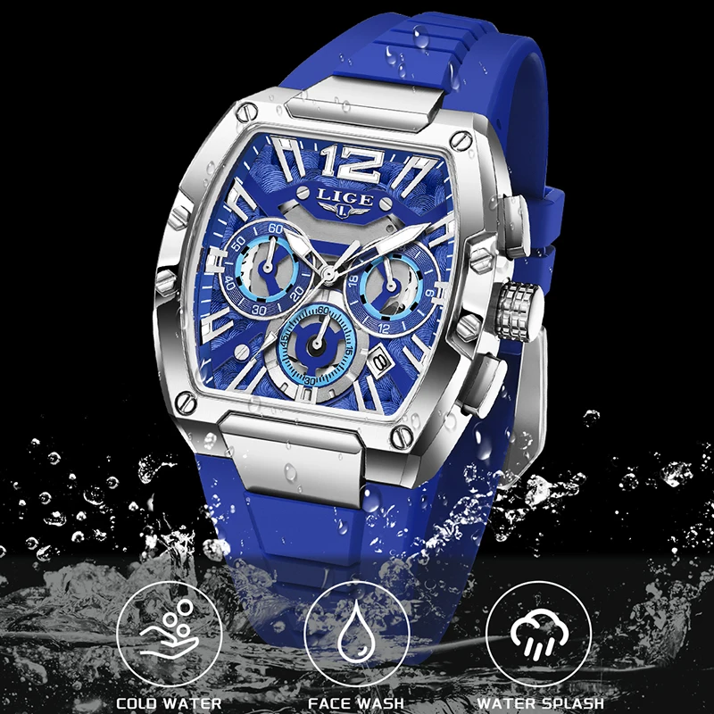 LIGE New Fashion Blue Silicone Watch For Men Casual Sports Quartz Man Wristwatch Waterproof Luminous Date Chronograph Clock Male