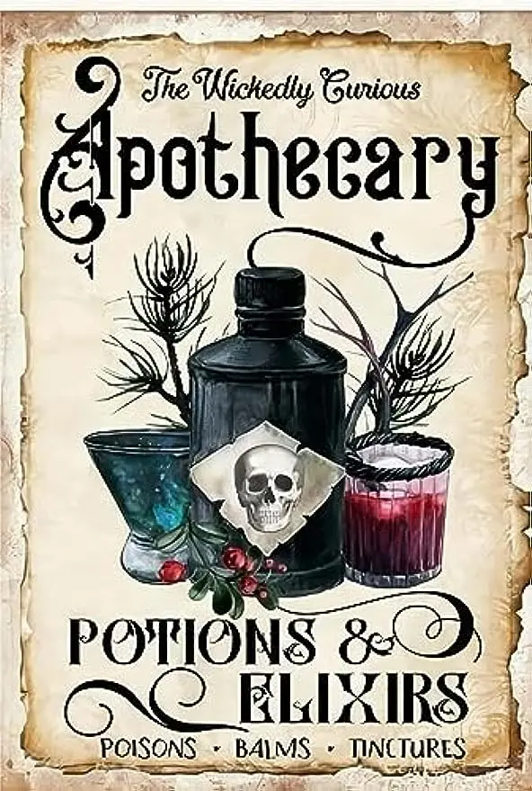 

Halloween Apothecary Sign Potions Elixirs Spells Sign Vintage Gothic Witchy Vibes Halloween Metal Logo Tin Sign 12x16 Inch