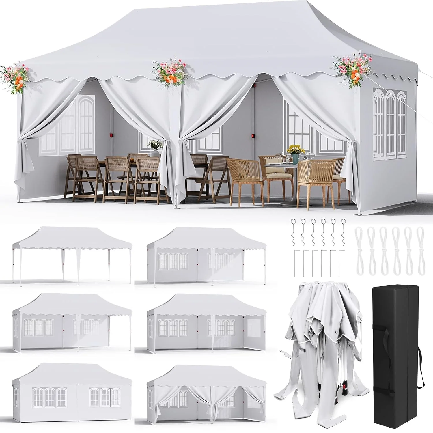 Gazebo da giardino pieghevole 3x6 m, altezza regolabile, ingressi con cerniera, finestre, borsa per il trasporto, (beige | senza telo, 3x6 m) | Leroy Merlin