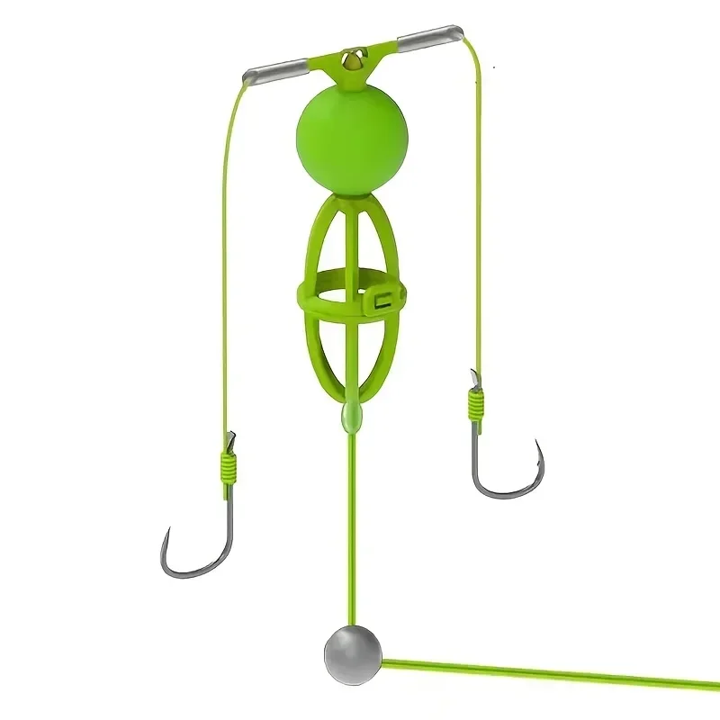مجموعة واحدة من خط صيد سمك الشبوط الأخضر المطور مع خطافات مزدوجة وقفص الطعم والتعويم - بلاستيك عالي المؤشر
