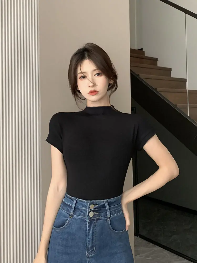 WTEMPO Női Rövid ujjú póló Fél garbó Nyári Trend All-match Top Sexy Slim T-shirt Egyszínű Y2k Top 2023469_voghion.com