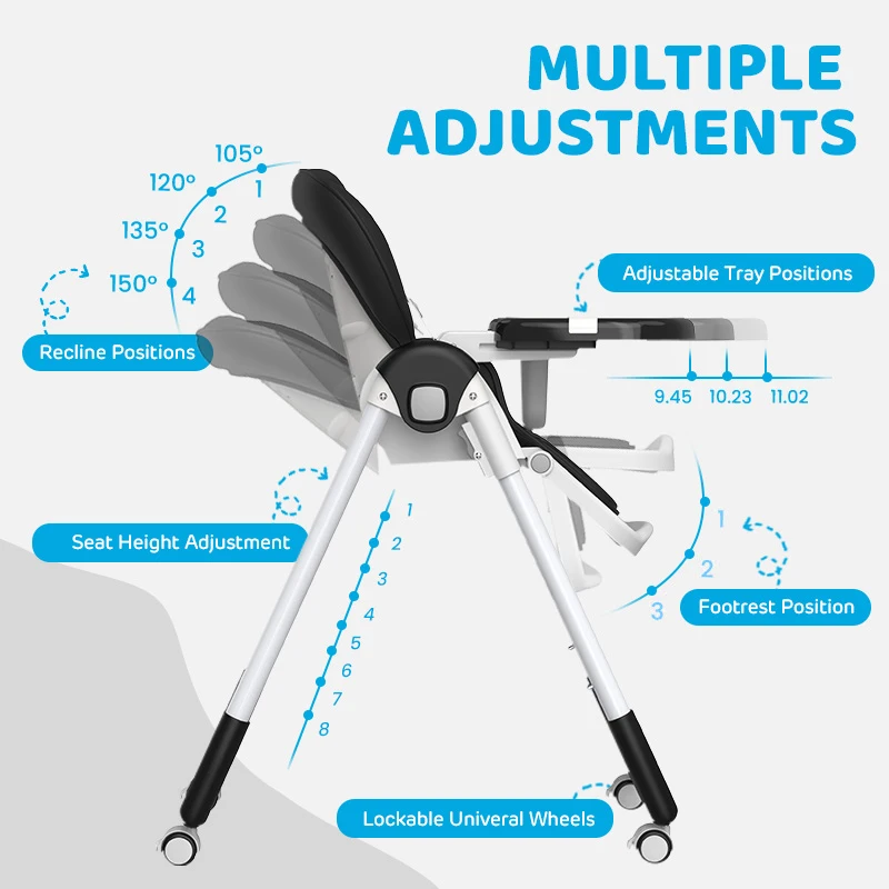 8-Position Adjustable Baby High Chair with 4-Recline Seat,