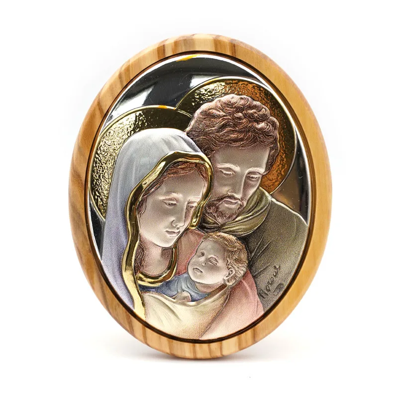 

Color Holy Family 925 Silver Plate Relief Icon Table Decor Olive Wood Catholic Holy Object Ornament Jesus Virgen Maria Statues