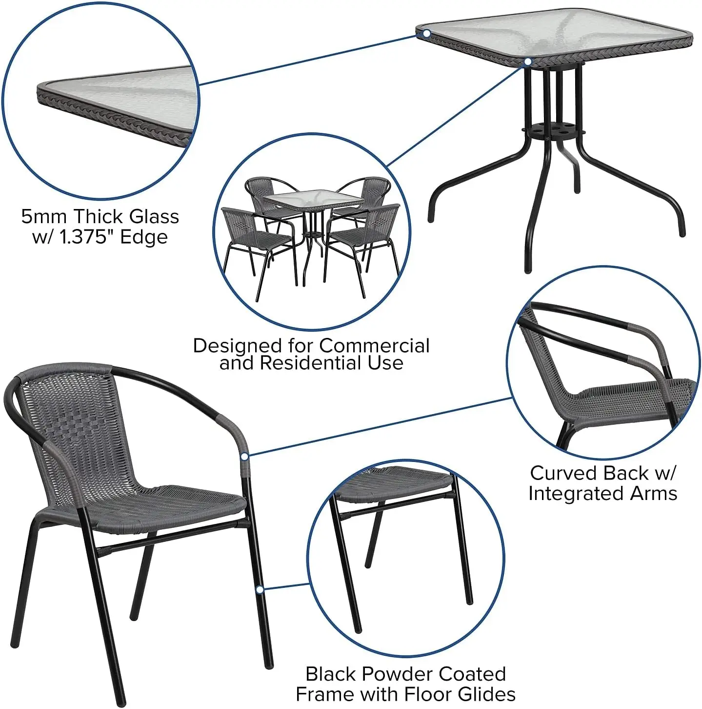 Lila 28'' Square Glass Metal Table with Dark Brown Rattan Edging and 4 Dark Brown Rattan Stack Chairs