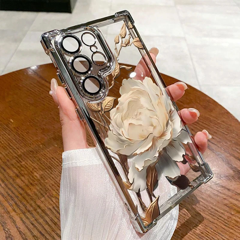Elegant Golden Lotus Flower Electroplated Airbag Clear Phone Case