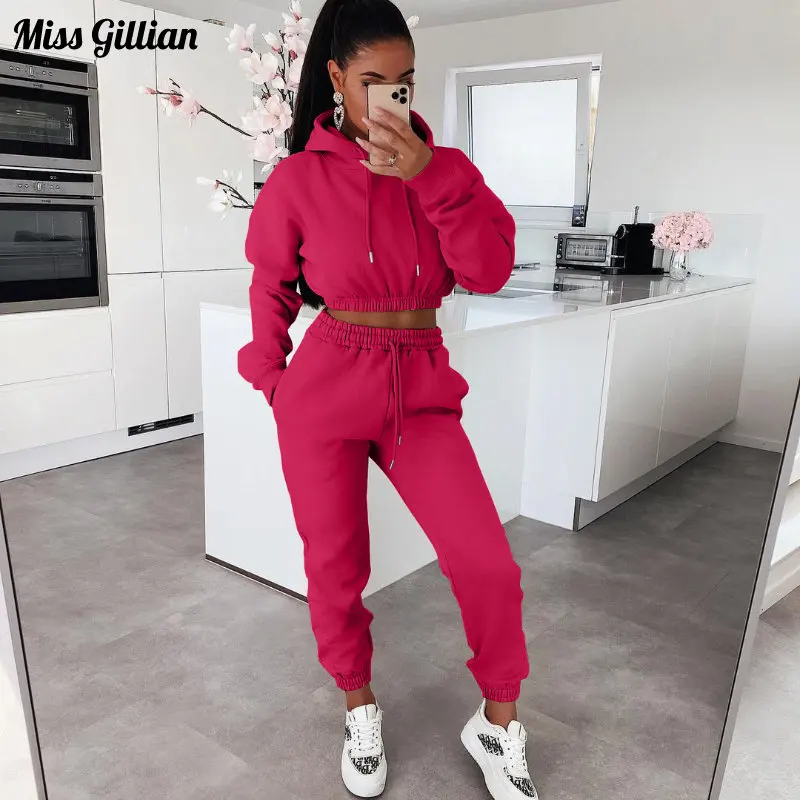 

Autumn Winter Fleece-lined Tracksuits Women Casual Solid Warm Hoodies Sweatpants Suits Pullover Sweatshirts Pants 2 Piece Set