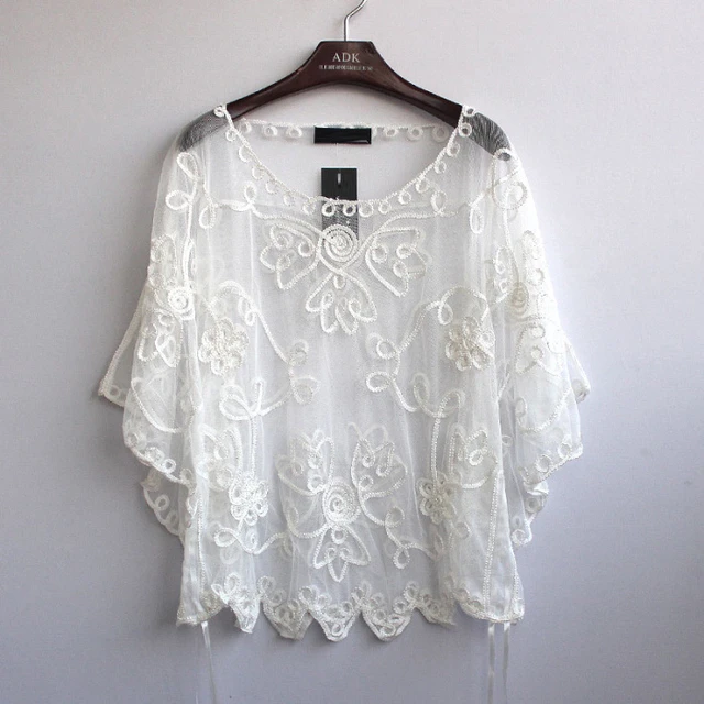 New Summer Ladies White Black Blusas Women Mesh Lace Feminine