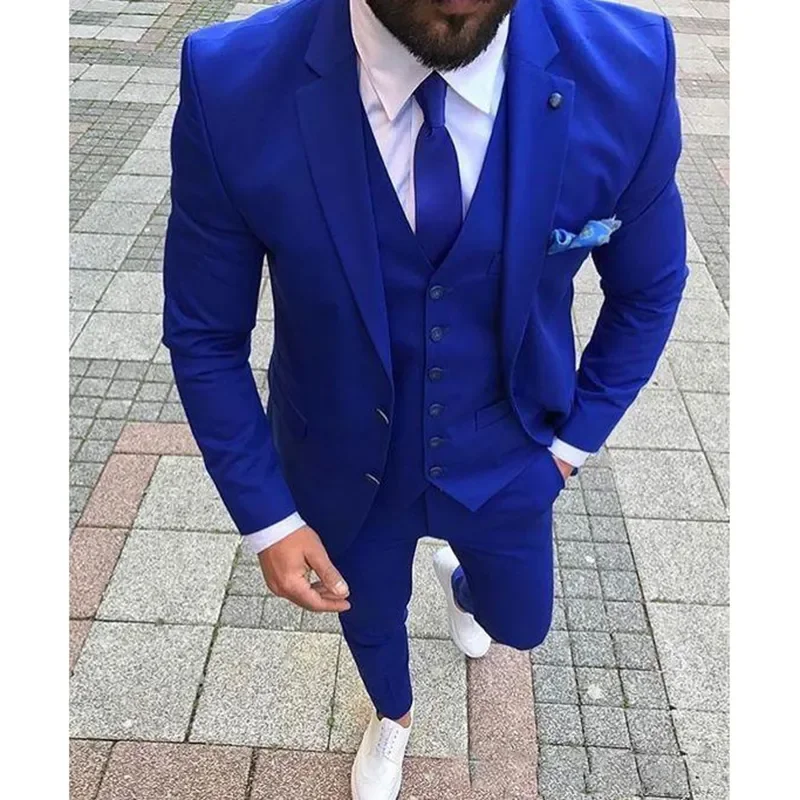 Royal Blue Wedding Mens Suits Custom Slim Fit Groom Tuxedos Shawl Lapel 3 Piece Jacket Pants Male Blazer (Jacket+Pants+Vest)