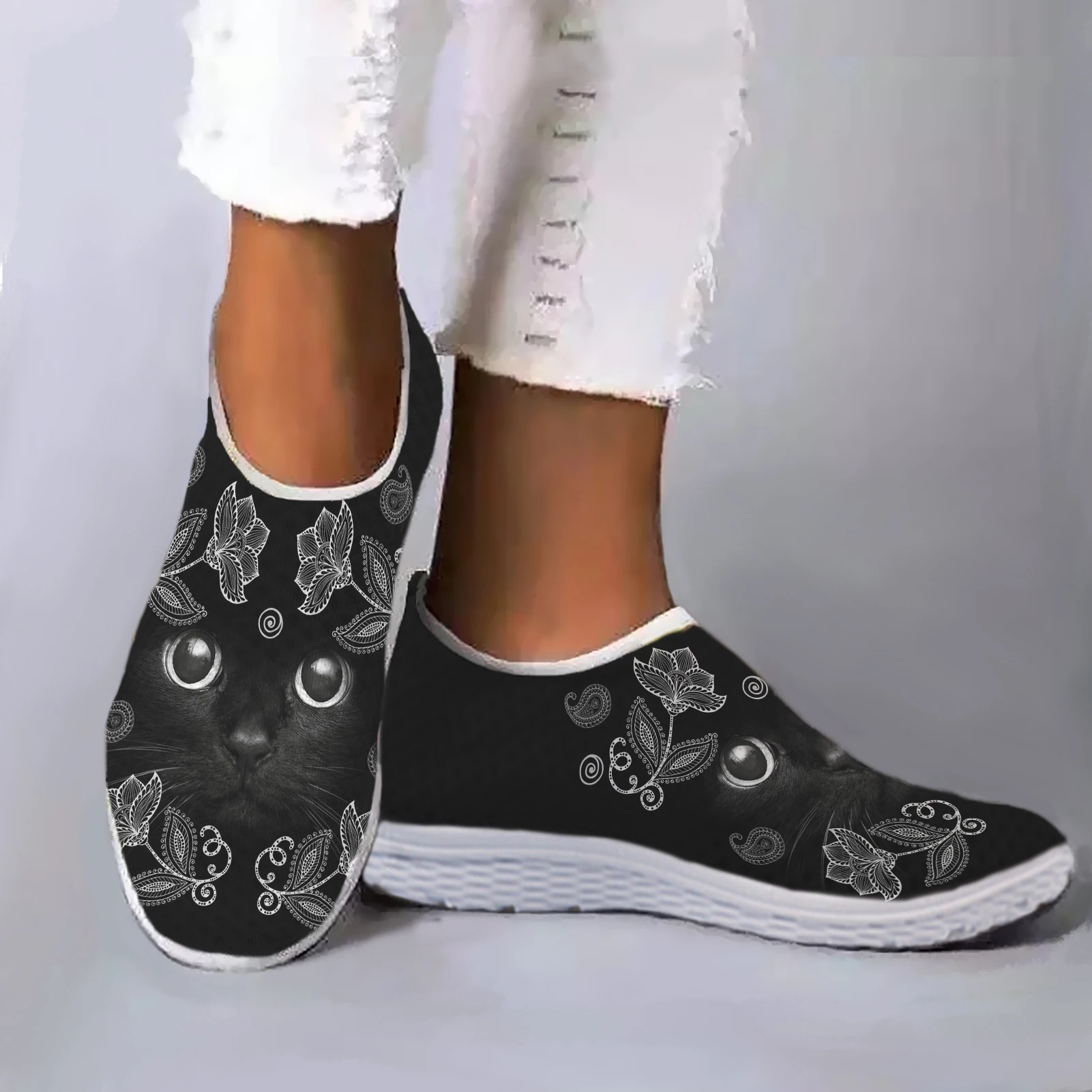 Shoes For Women Retro Tribal Cat Design Mesh Walking Shoes Summer Popular Lightweight Non-slip Sneakers Casual Indoor Flats Gift