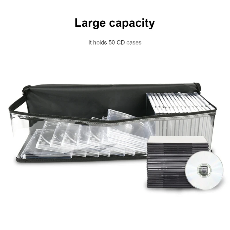 Disc Storage Bag Clear PVC Media Carrying Case Zippers Handle Holds 50Disc Total