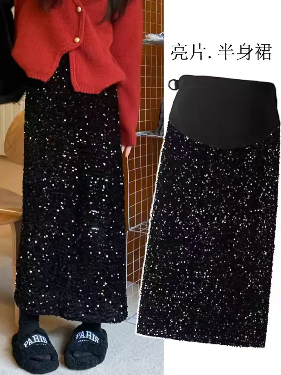 Autumn Winter Pregnant Women's Skirt Slim Hips Maternity Velvet Sequin Skirts Black Pregnancy Straight Long Skirt Party Clothes
