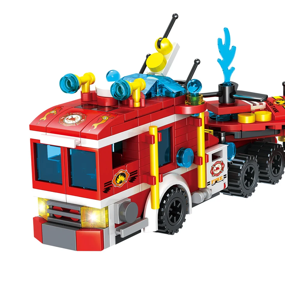 HUIQIBAO-Construcción de camiones de bomberos para niños, modelo, bloques, ciudad, equipo, avión, helicóptero, coche, barco, bloques, Kit, Juguetes