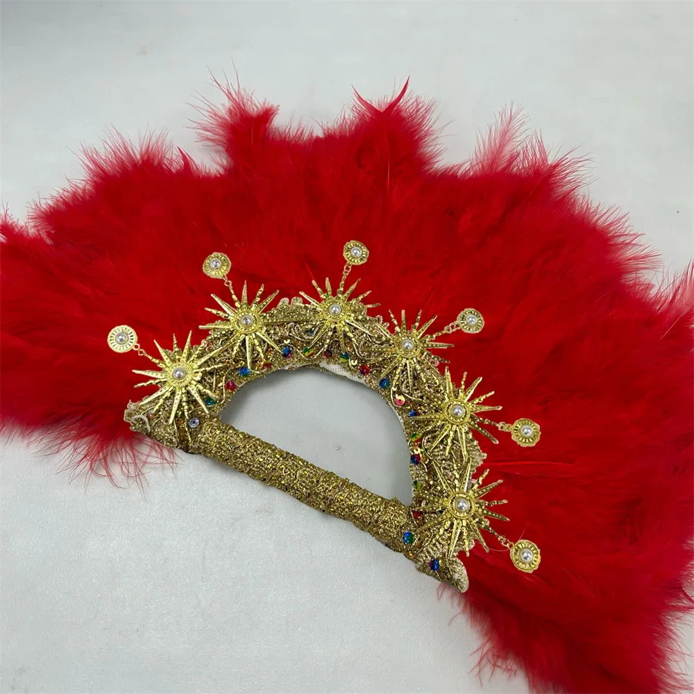 

1 шт. ручной работы, Африканское перо индейки, танцевальный Ручной Веер для свадебного декора, веер со звездами, камнями, индивидуальный веер