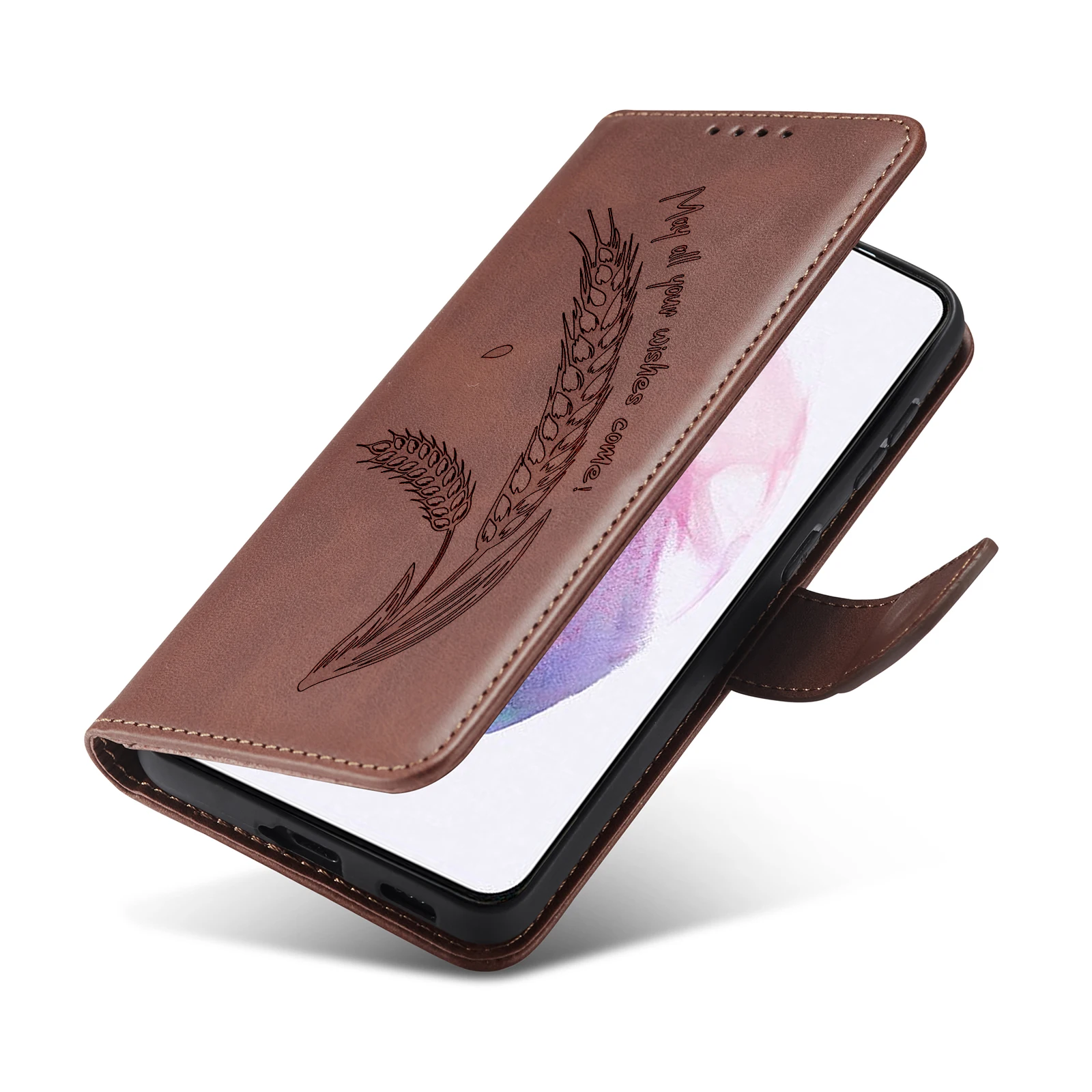 3D Ear of Wheat Leather Wallet Flip Phone Case - Elegant Protective Cover