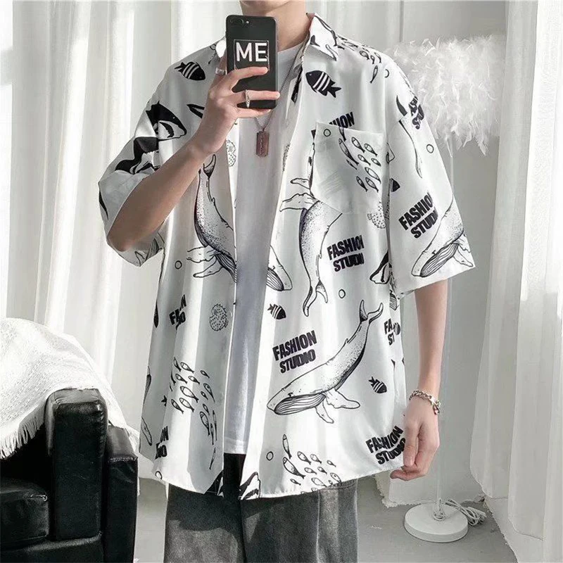 

Summer Polo-neck Loose Casual Korean Fashion Short Sleeve Shirt Male Buttons All-match Printing Top Hombre Harajuku Y2K Blouse