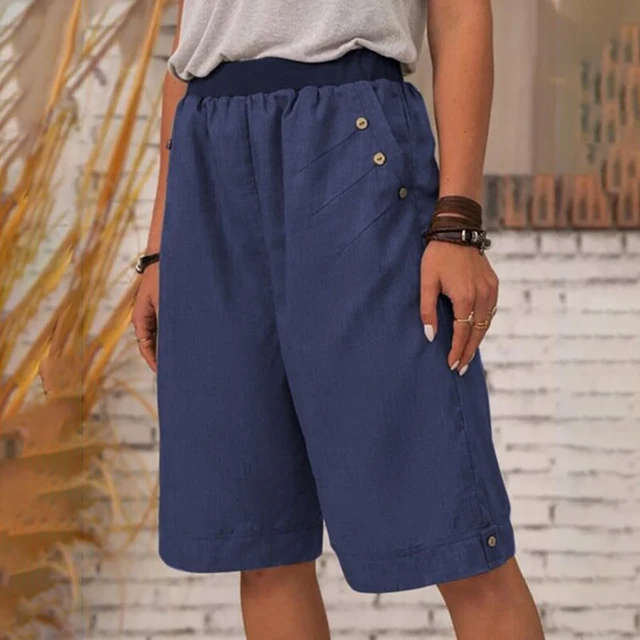 Women's Solid Color Pocket Button Shorts Casual Fashion Casual Elastic Cotton and Linen Pants Women Short Sleeve Casual Wide-Leg