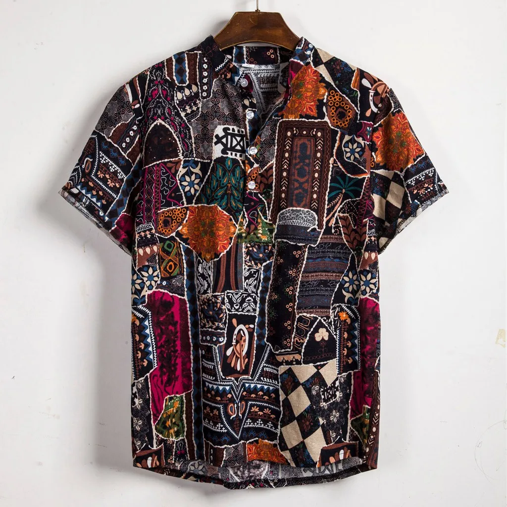 

Fashion рубашка Mens Ethnic Short Sleeve Casual Cotton Linen Printing Hawaiian Shirt Blouse Camisas Hombre 한국인 리뷰 많은 옷