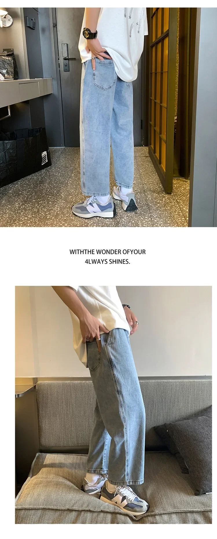 Description Picture 5 of itemVintage Lightweight Elastic Waist Jeans For Men Casual Loose Fit Straight Leg Cropped Pants Summer Season Thin Style