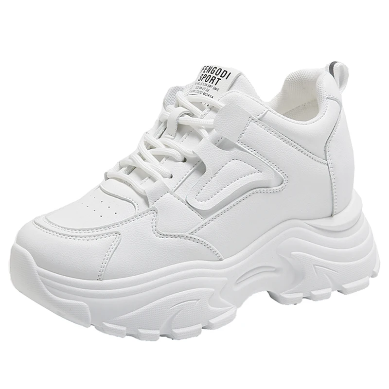 White Platform Women's Sneakers 2023 Autumn Lace-Up Thick Bottom Sports Woman Pu Leather Breathable Walking Shoes Female_voghion.com