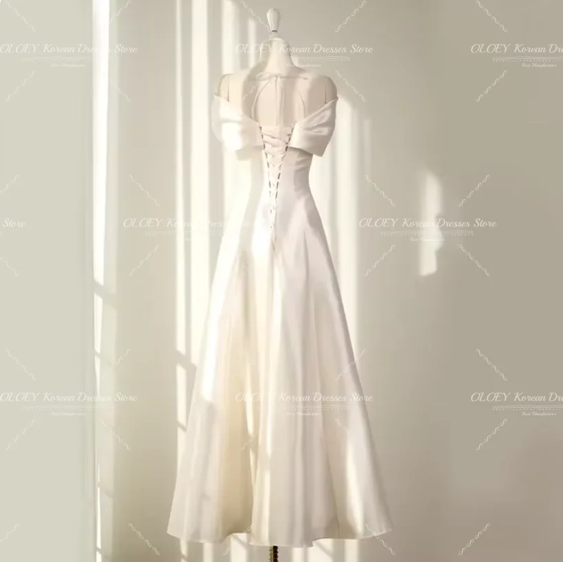 OLOEY Simple Off the Shoulder Korea Wedding Dresses A Line Corset Back Customized Bridal Gown Photos Shoot Satin Party Dress