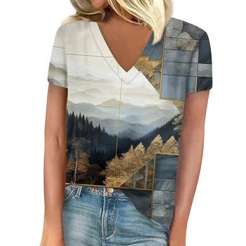 Summer Women T-Shirts 3D Gradient Texture Pattern Harajuku T Shirt Fashion Oversized Tees for Clothing Short Sleeve V-Neck Tops 1