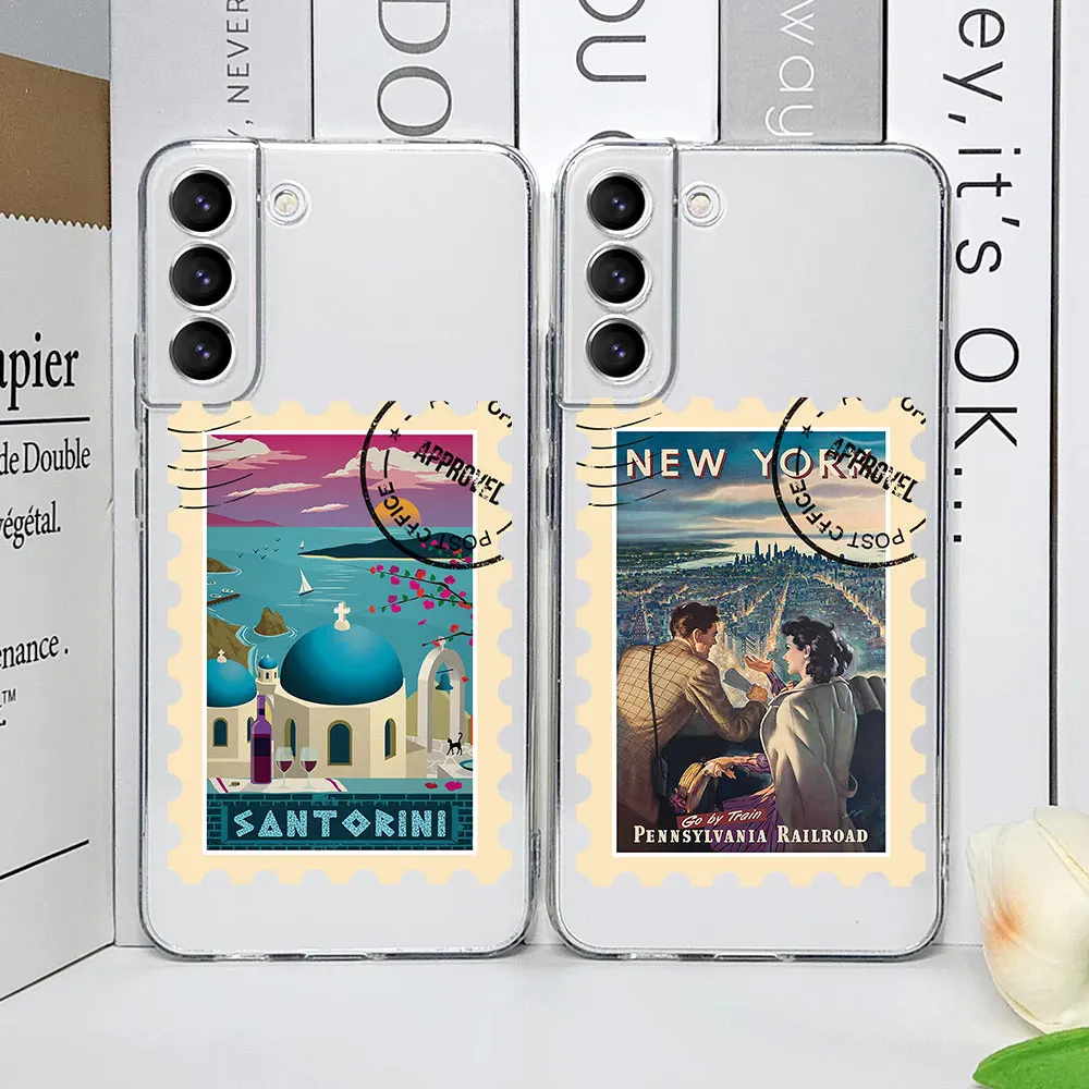 World City Travel Ticket New York Paris Label Custodia Per Telefono Per Samsung Galaxy S23 S22 S21 S 20 Ultra Plus Fe 5G Soft Cover Fundas