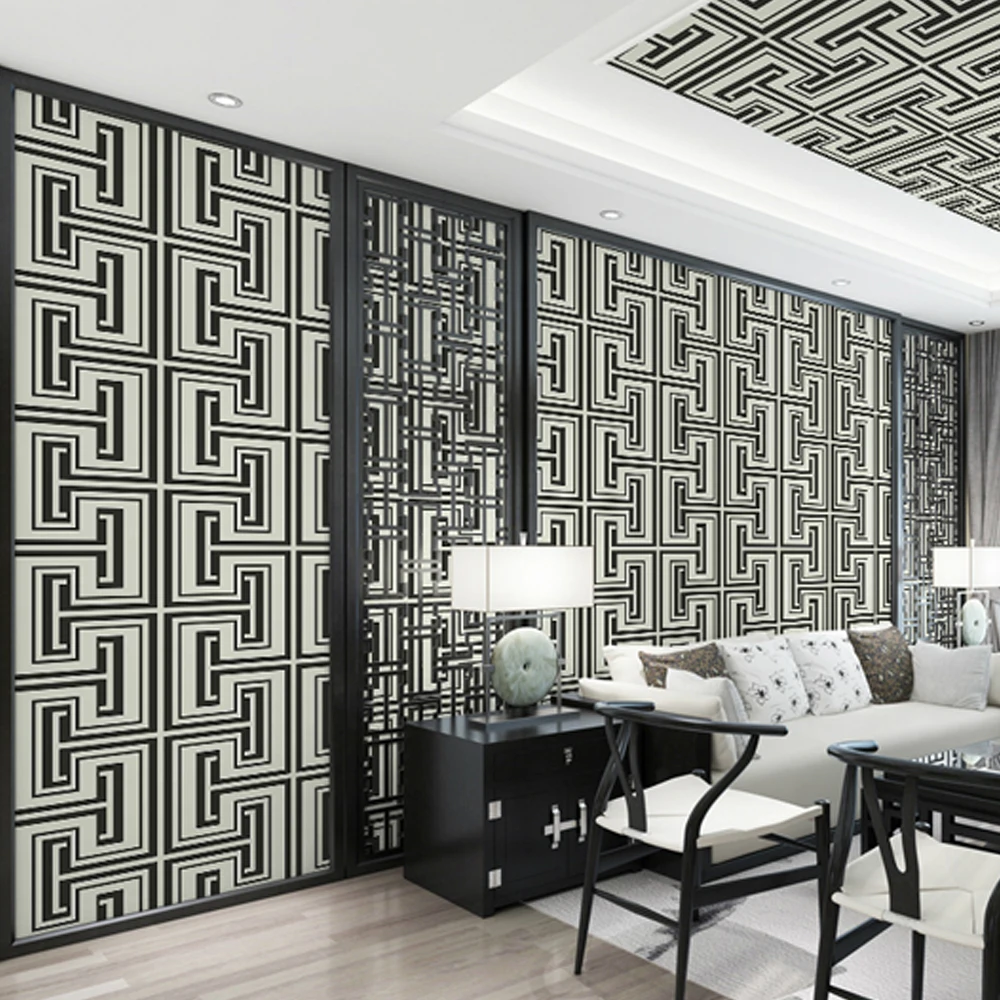 

Black and White Geometric Wallpaper Greek Key Classic Lattice Wallpaper Living Room Restaurant Tea House Hotel Decor Mural
