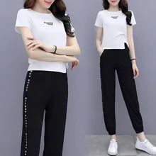 

Tracksuits Women 2 Pieces Sets Casual Short Sleeve O-Neck Pullover Slit T-Shirt+Cutout Trousers Sportswear Suit Female Clothes