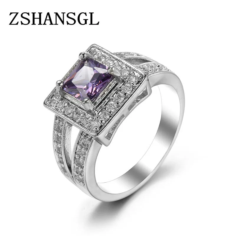 Sterling Sliver finger ring for lady paved Purple CZ luxury hot Princess women Wedding Engagement Ring purple color jewelry