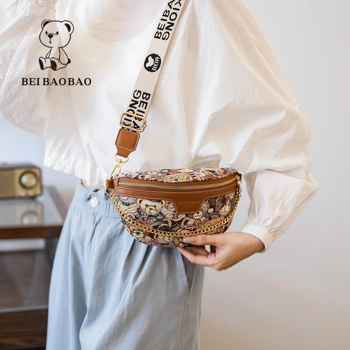 Beibaobao Summer New Fashionable Canvas Small Bag Bear Shoulder Cross Shoulder Lightweight Chest Bag Women's Waist