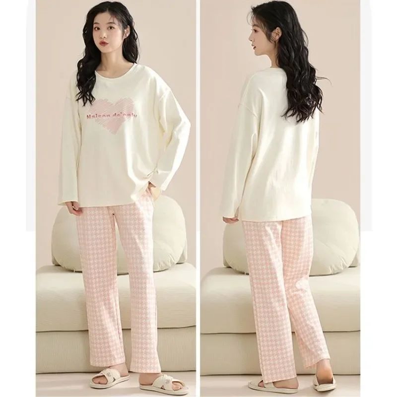 2024 New 100% Cotton Pajamas Chest Pads Women's Sleepwear Spring Autumn Long Sleeve Homewear Pullover Winter Loungewear Sets