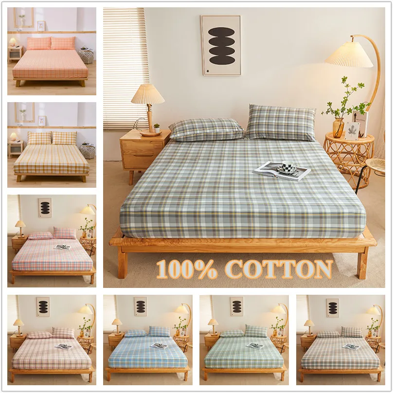 Bonenjoy 1pc Pure Cotton Fitted Sheets Plaid Style Bed Sheet