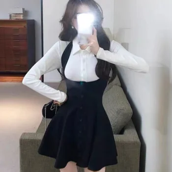 턴다운 칼라 긴팔 상의 + 홀터 드레스, 스위트 솔리드 드레스, 미적인 하라주쿠, 2023 용수철, Y2k, 2 피스 세트